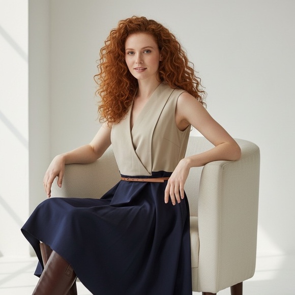 Calvin Klein Dresses & Skirts - Calvin Klein Colorblock Fit & Flare Career Blue Beige Dress w/ Belt Size 10